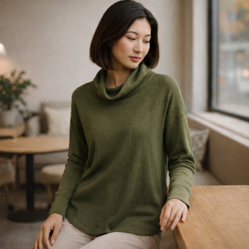 Aritzia Babaton Green Waffle Knit‎ Thermal Cowlneck Long Sleeve Top S